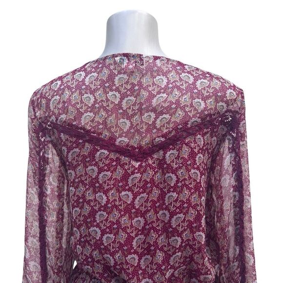 American Eagle Outfitters Blouse Women's Medium Burgundy Floral Chiffon Ruffle - Picture 9 of 13
